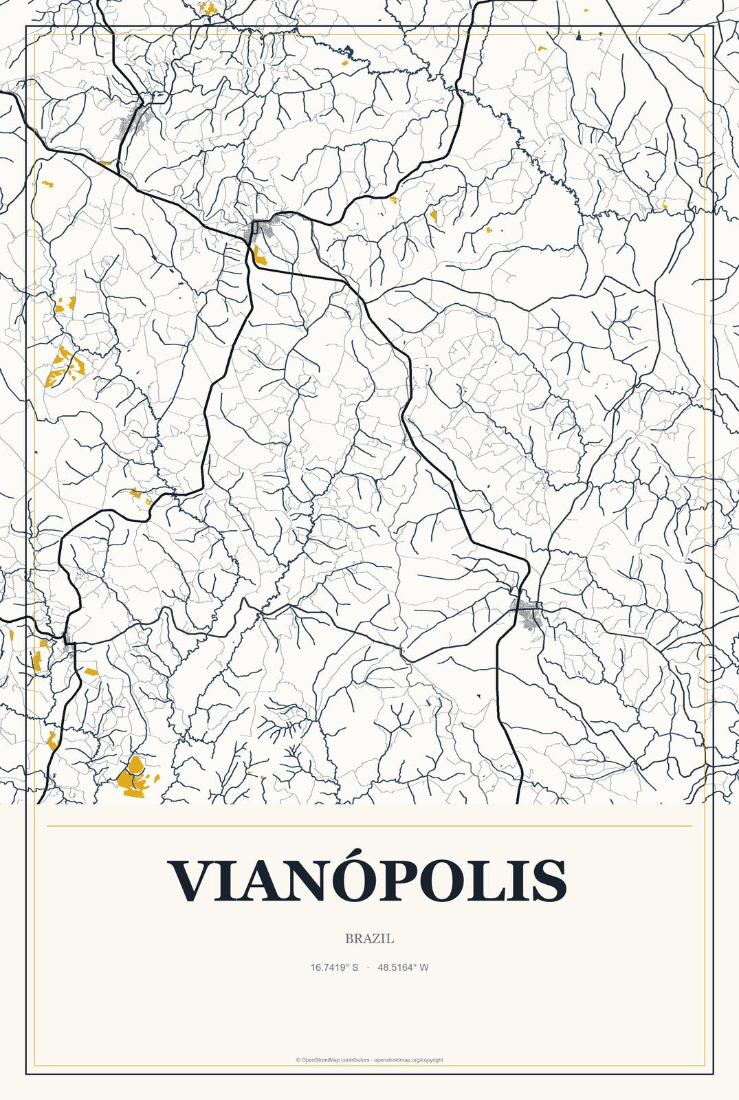 Vianópolis, Brazil City Map Aluminum Sign in Citrine Modern style