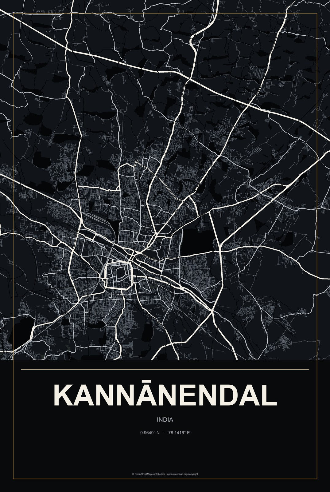 Kannānendal, India City Map Aluminum Sign in Metropolitan Noir style