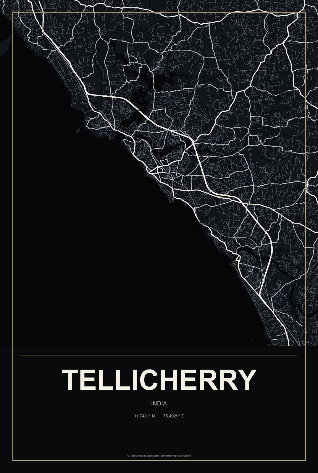 Tellicherry, India City Map Aluminum Sign in Metropolitan Noir style