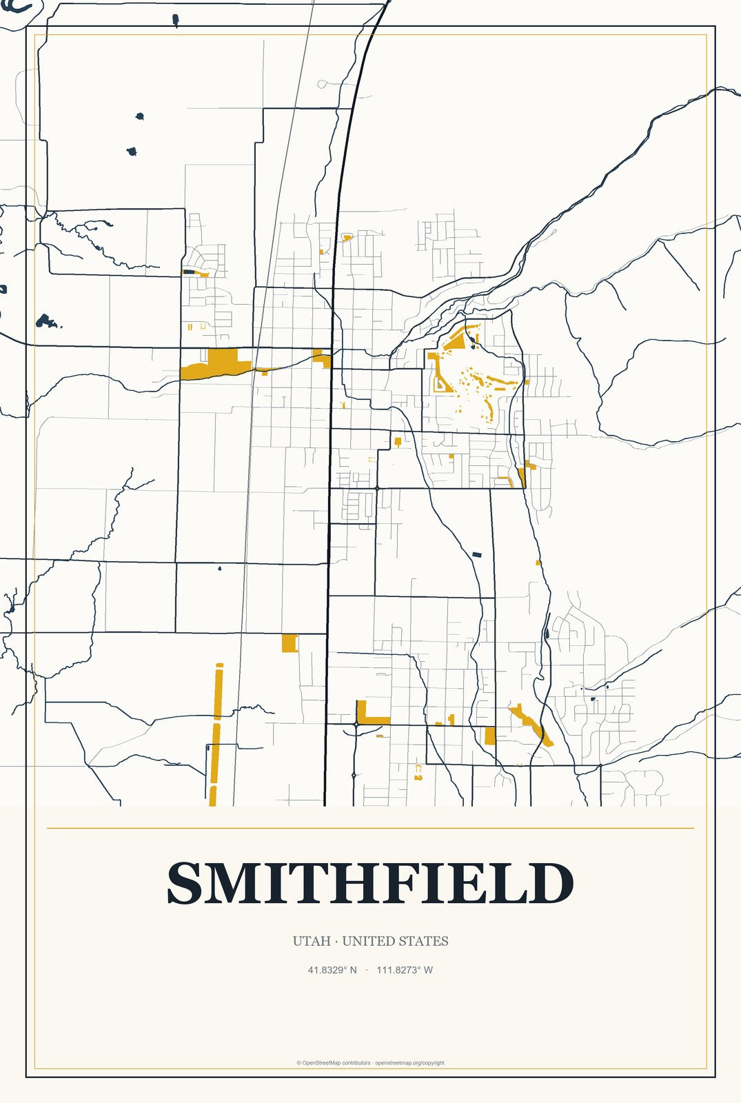 Smithfield, Utah City Map Aluminum Sign in Citrine Modern style