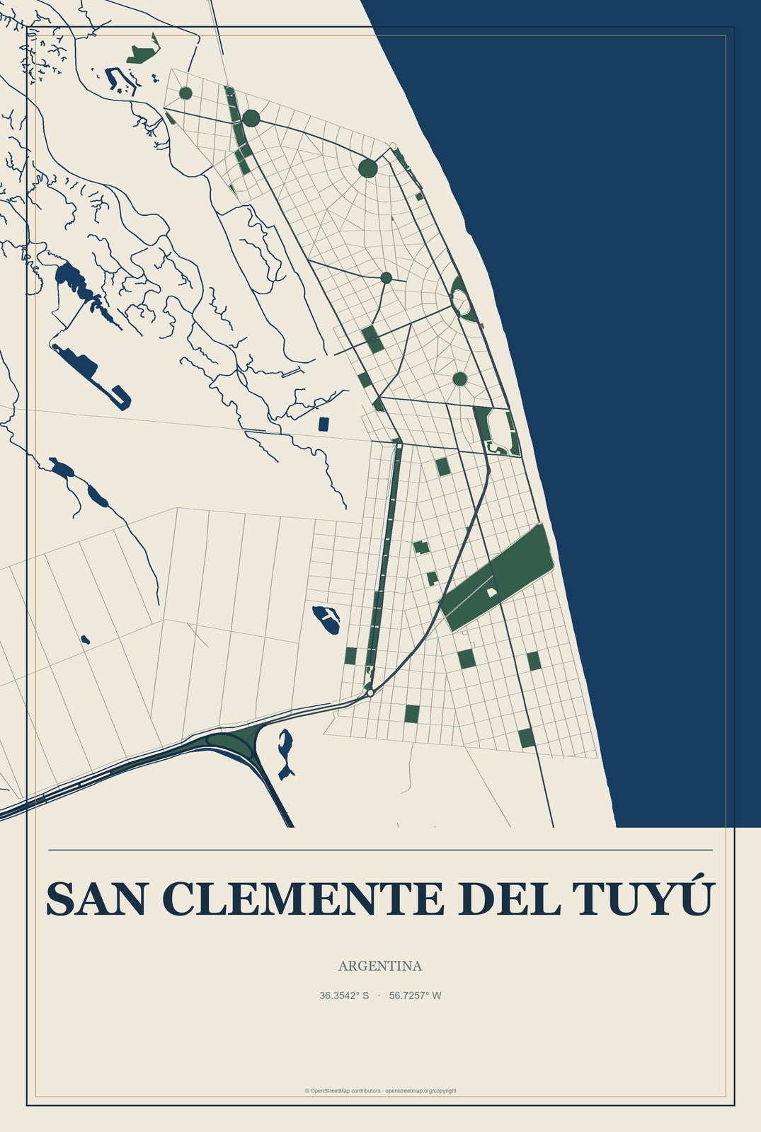 San Clemente del Tuyú, Argentina City Map Aluminum Sign in Coastal Cutout style