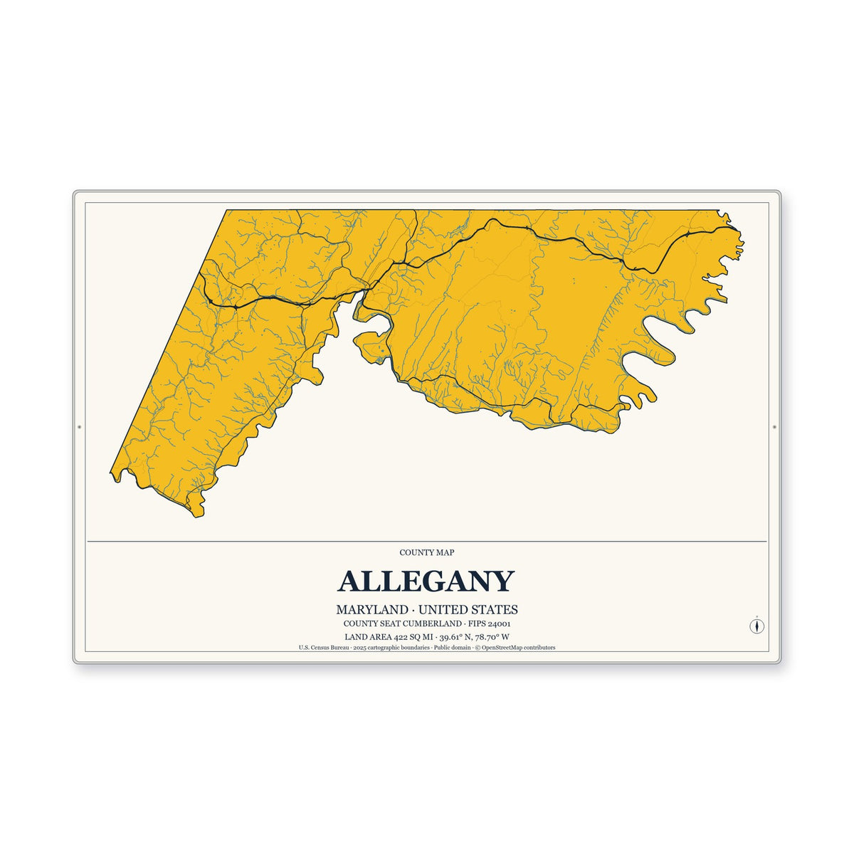Allegany County, Maryland Map Aluminum Sign in Citrine Modern style