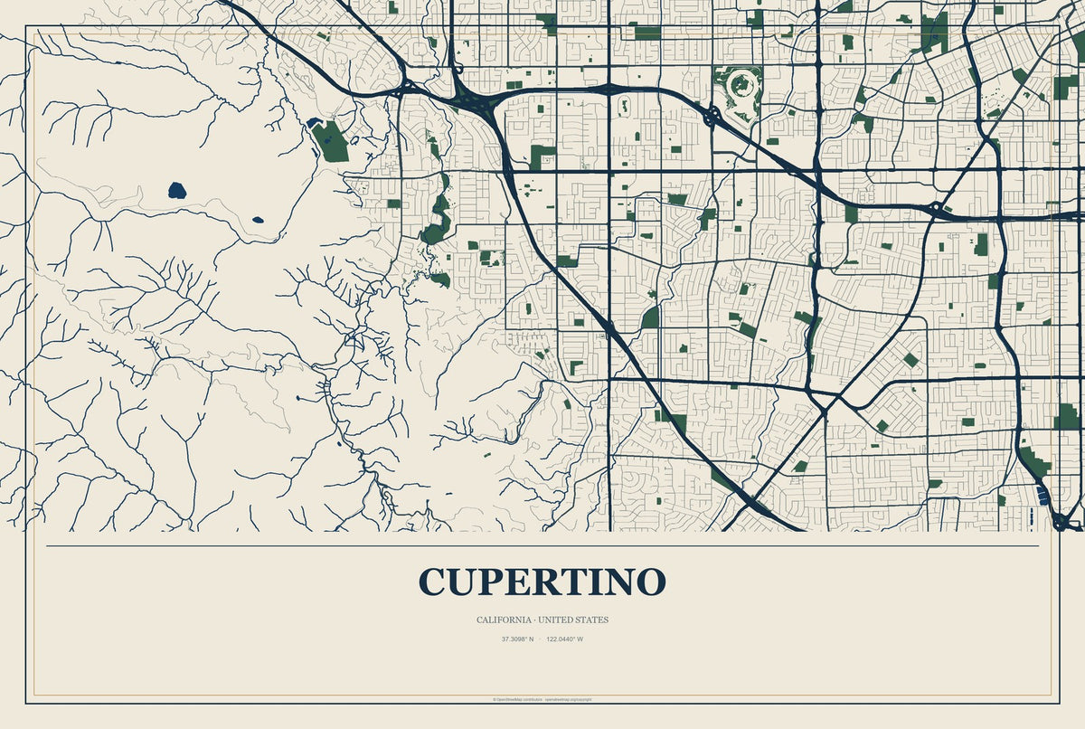 Cupertino, California City Map Aluminum Sign in Coastal Cutout style