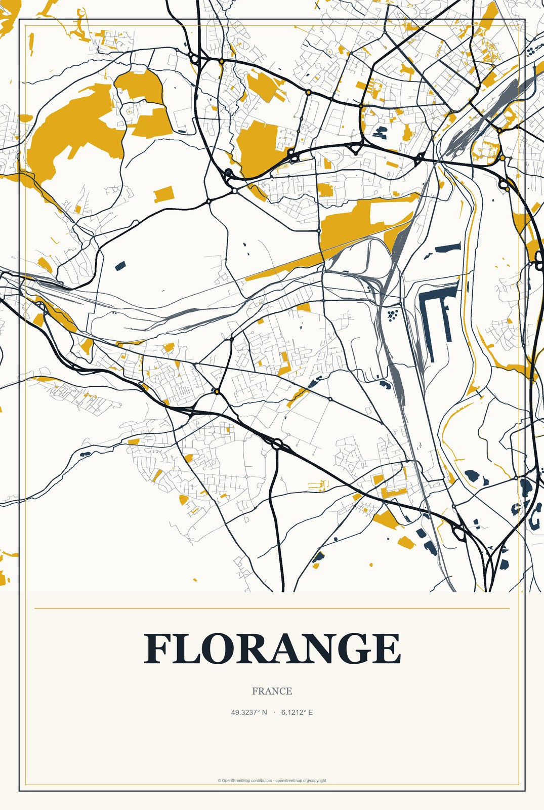 Florange, France City Map Aluminum Sign in Citrine Modern style