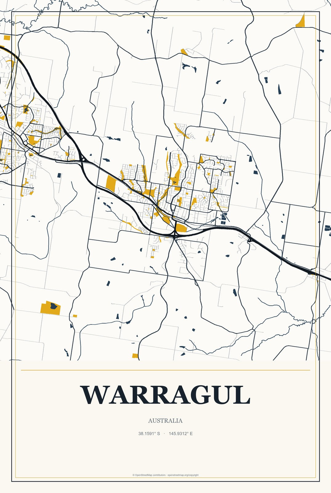 Warragul, Australia City Map Aluminum Sign in Citrine Modern style