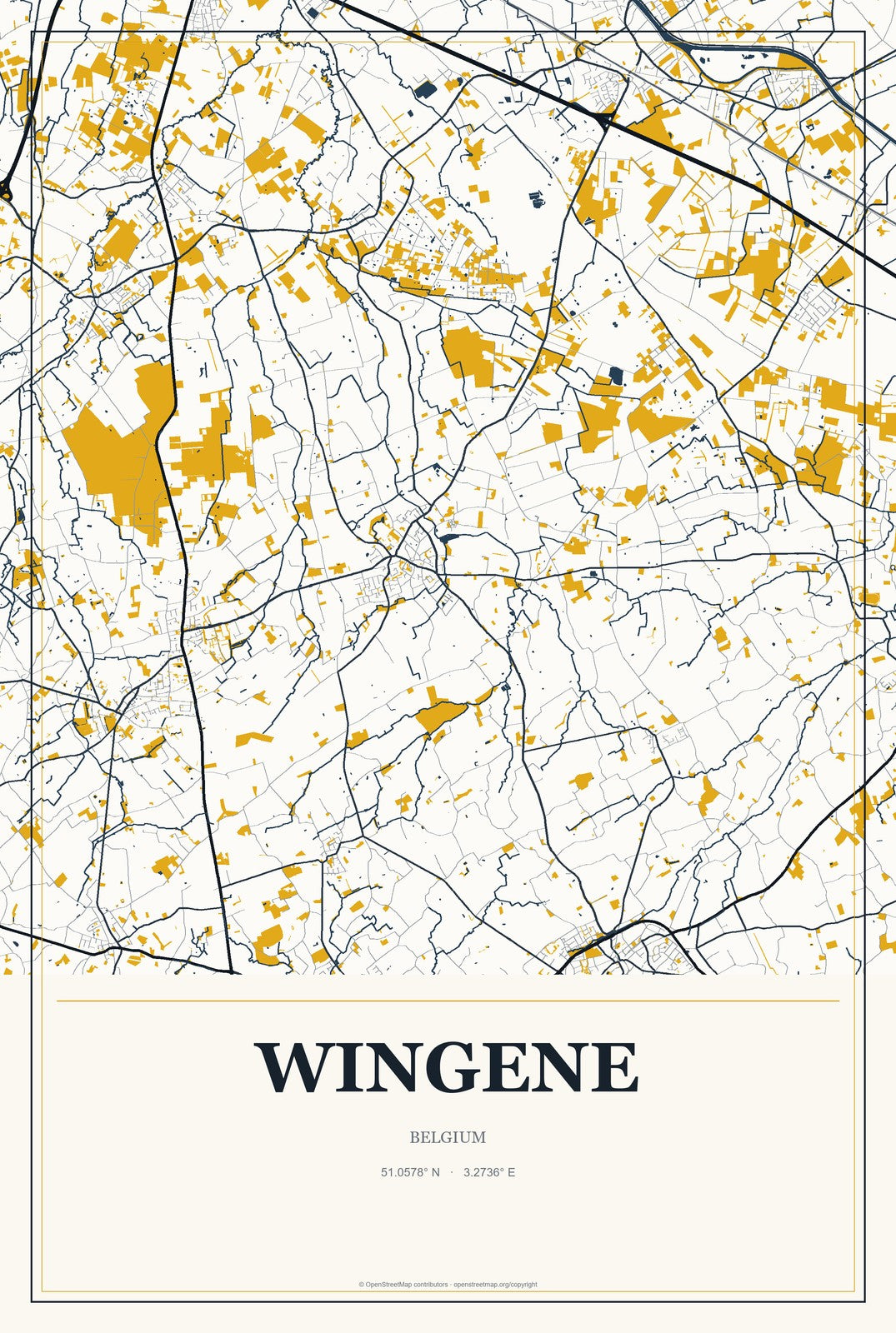 Wingene, Belgium City Map Aluminum Sign in Citrine Modern style