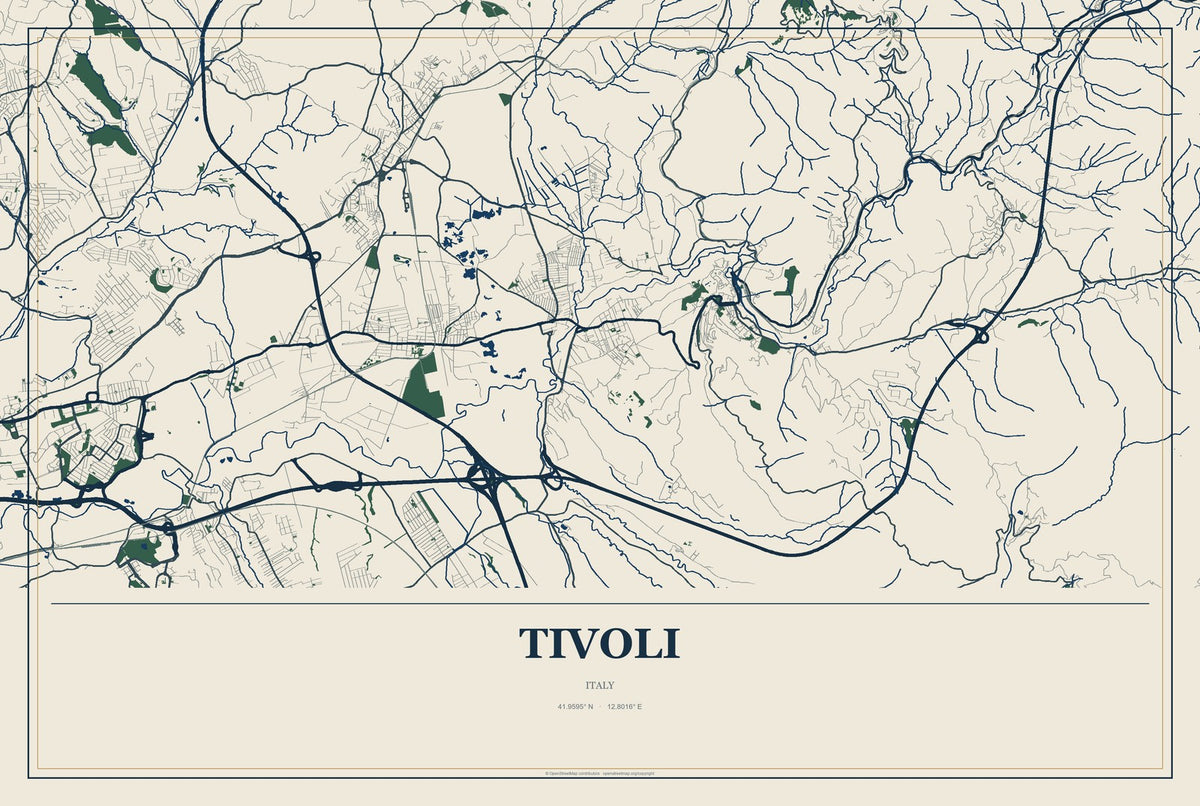 Tivoli, Italy City Map Aluminum Sign in Coastal Cutout style