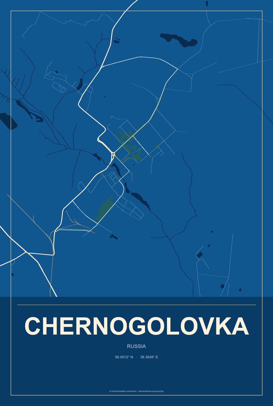 Chernogolovka, Russia City Map Aluminum Sign in Harbor Cobalt style