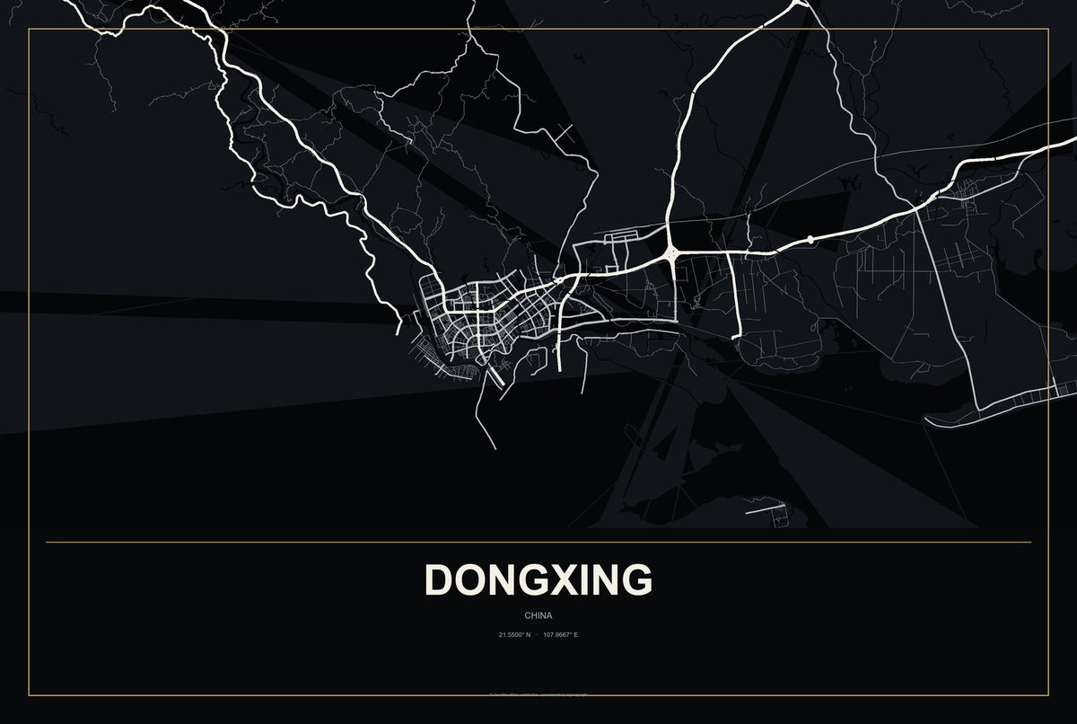 Dongxing, China City Map Aluminum Sign in Metropolitan Noir style