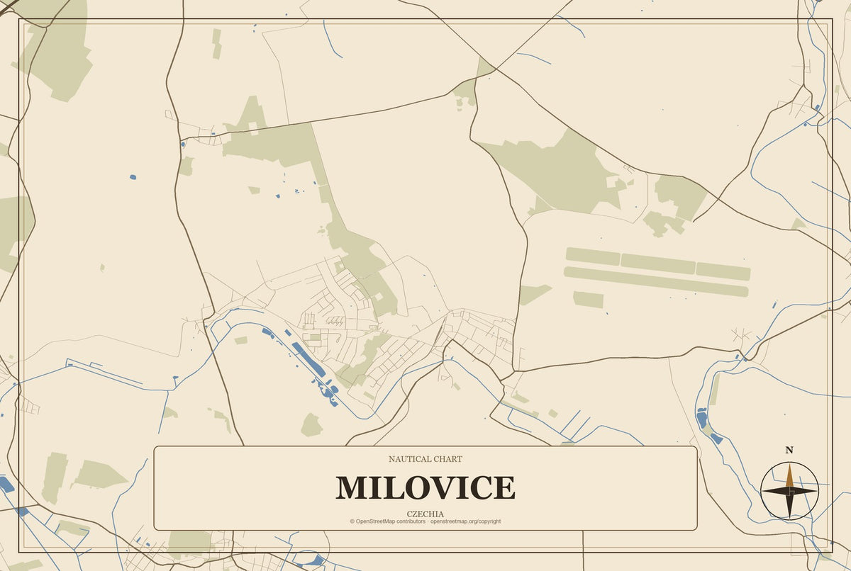 Milovice, Czechia City Map Aluminum Sign in Heritage Nautical style