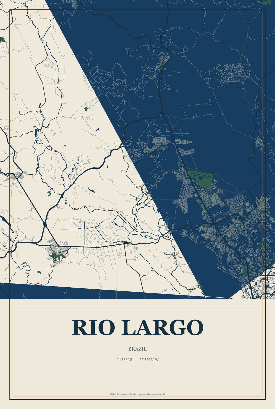 Rio Largo, Brazil City Map Aluminum Sign in Coastal Cutout style