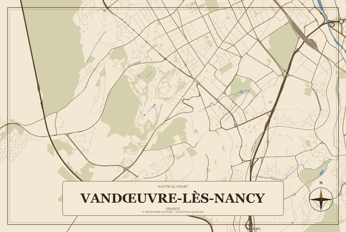 Vandœuvre-lès-Nancy, France City Map Aluminum Sign in Heritage Nautical style