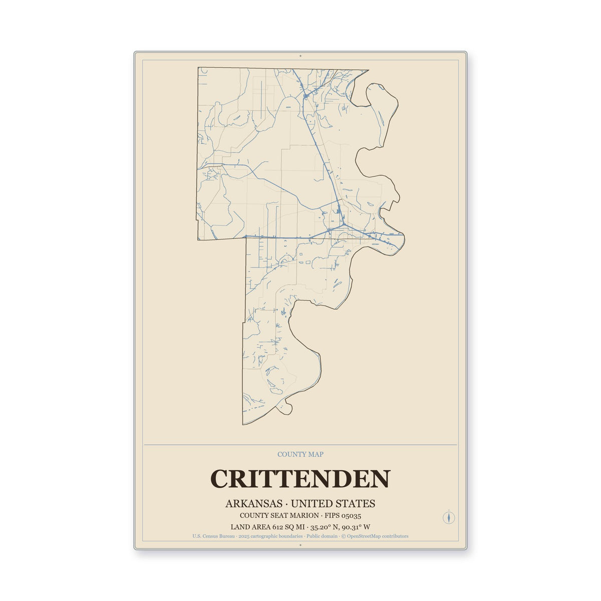 Crittenden County, Arkansas Map Aluminum Sign in Heritage Nautical style