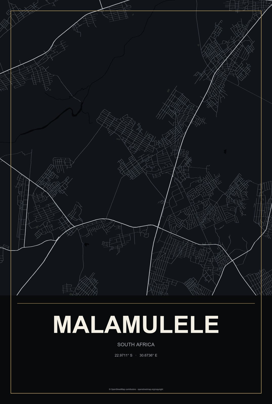 Malamulele, South Africa City Map Aluminum Sign in Metropolitan Noir style