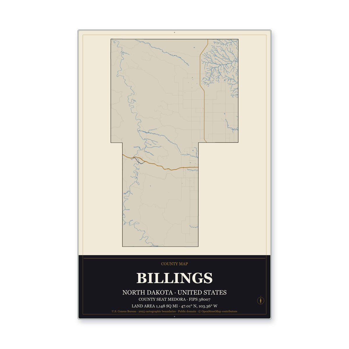 Billings County, North Dakota Map Aluminum Sign in Museum Plaque style