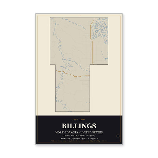 Billings County, North Dakota Map Aluminum Sign in Museum Plaque style