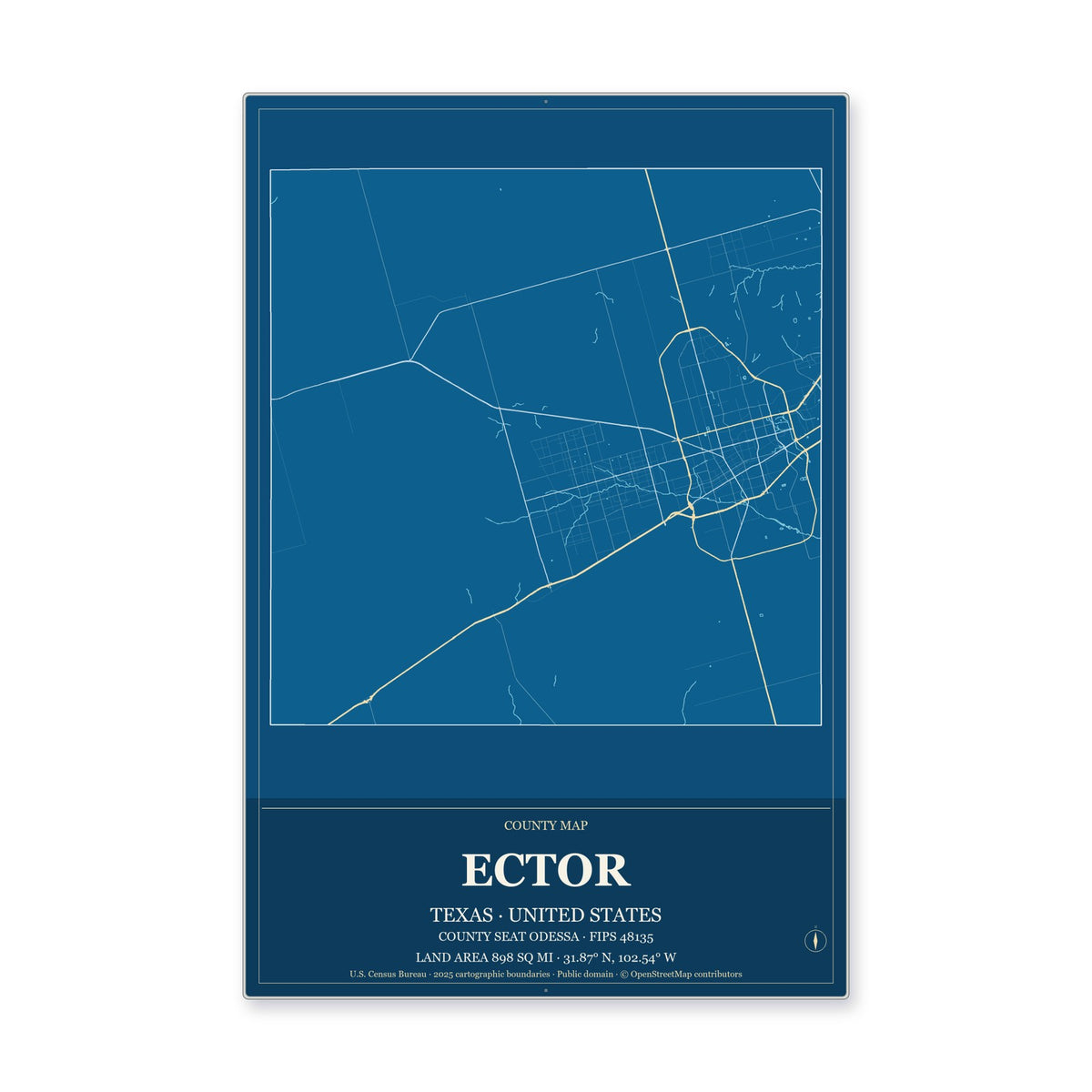 Ector County, Texas Map Aluminum Sign in Harbor Cobalt style