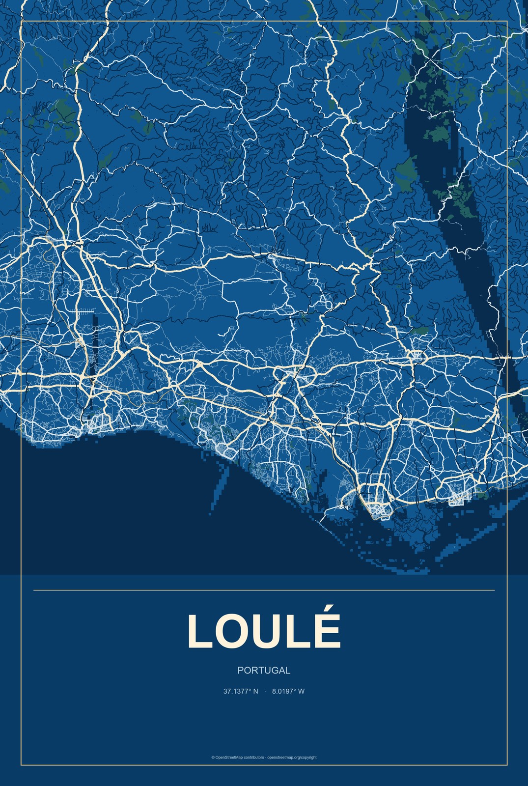 Loulé, Portugal City Map Aluminum Sign in Harbor Cobalt style