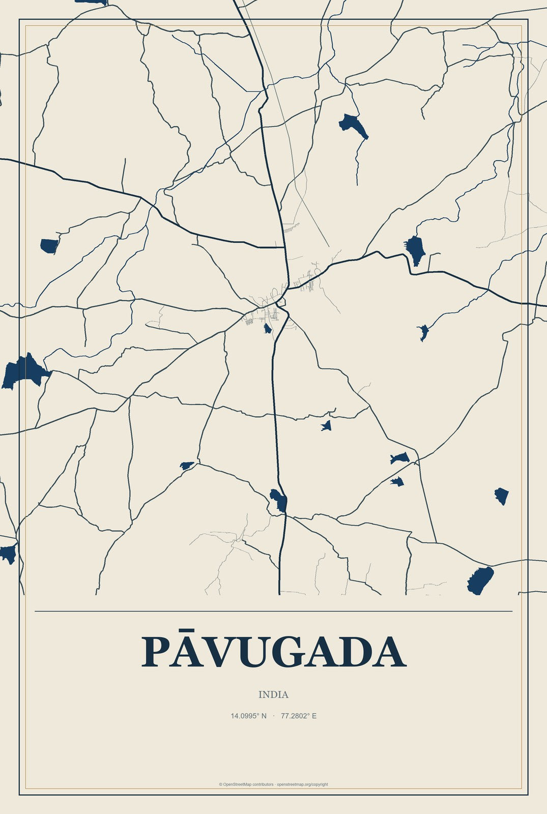 Pāvugada, India City Map Aluminum Sign in Coastal Cutout style