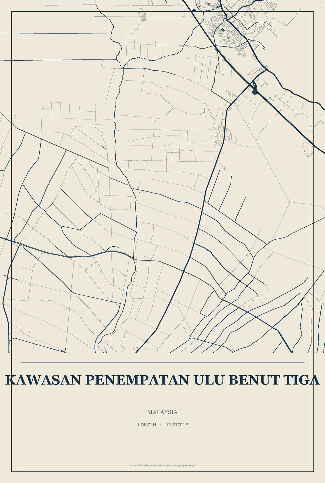 Kawasan Penempatan Ulu Benut Tiga, Malaysia City Map Aluminum Sign in Coastal Cutout style