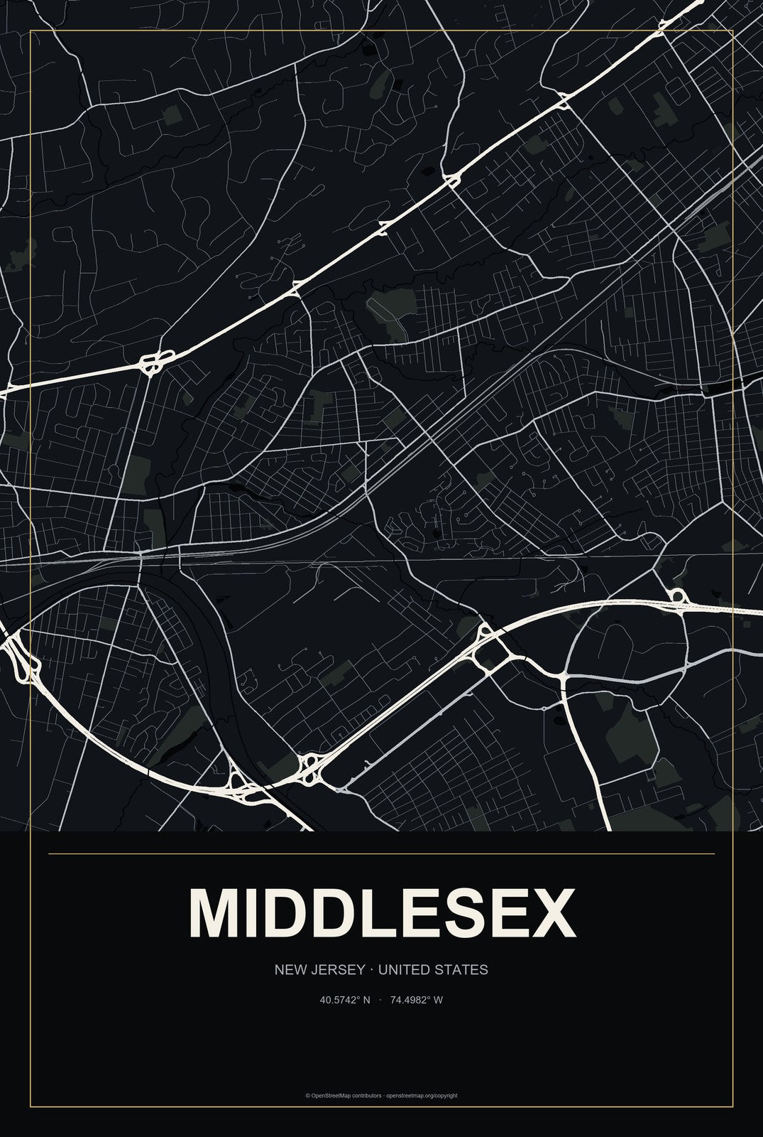 Middlesex, New Jersey City Map Aluminum Sign in Metropolitan Noir style