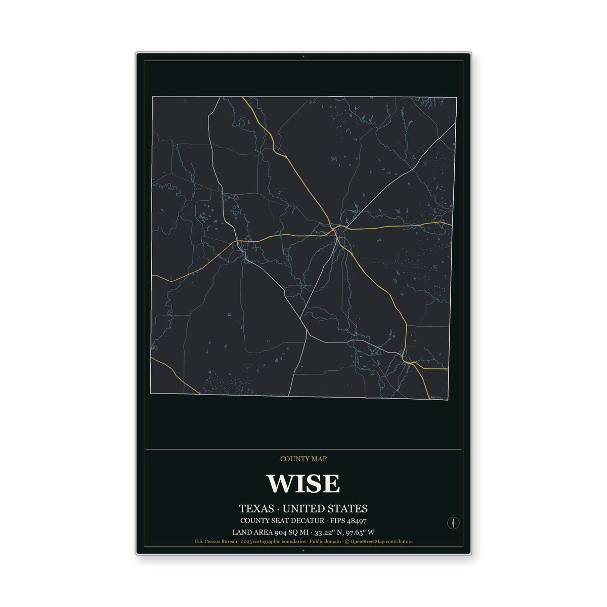 Wise County, Texas Map Aluminum Sign in Metropolitan Noir style