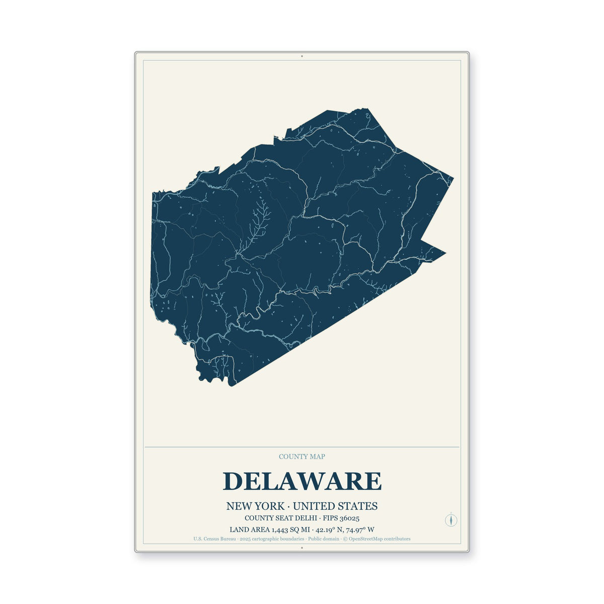 Delaware County, New York Map Aluminum Sign in Coastal Cutout style