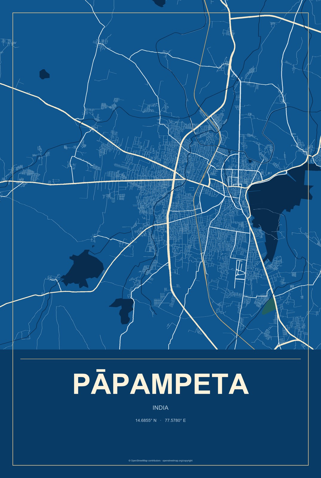 Pāpampeta, India City Map Aluminum Sign in Harbor Cobalt style