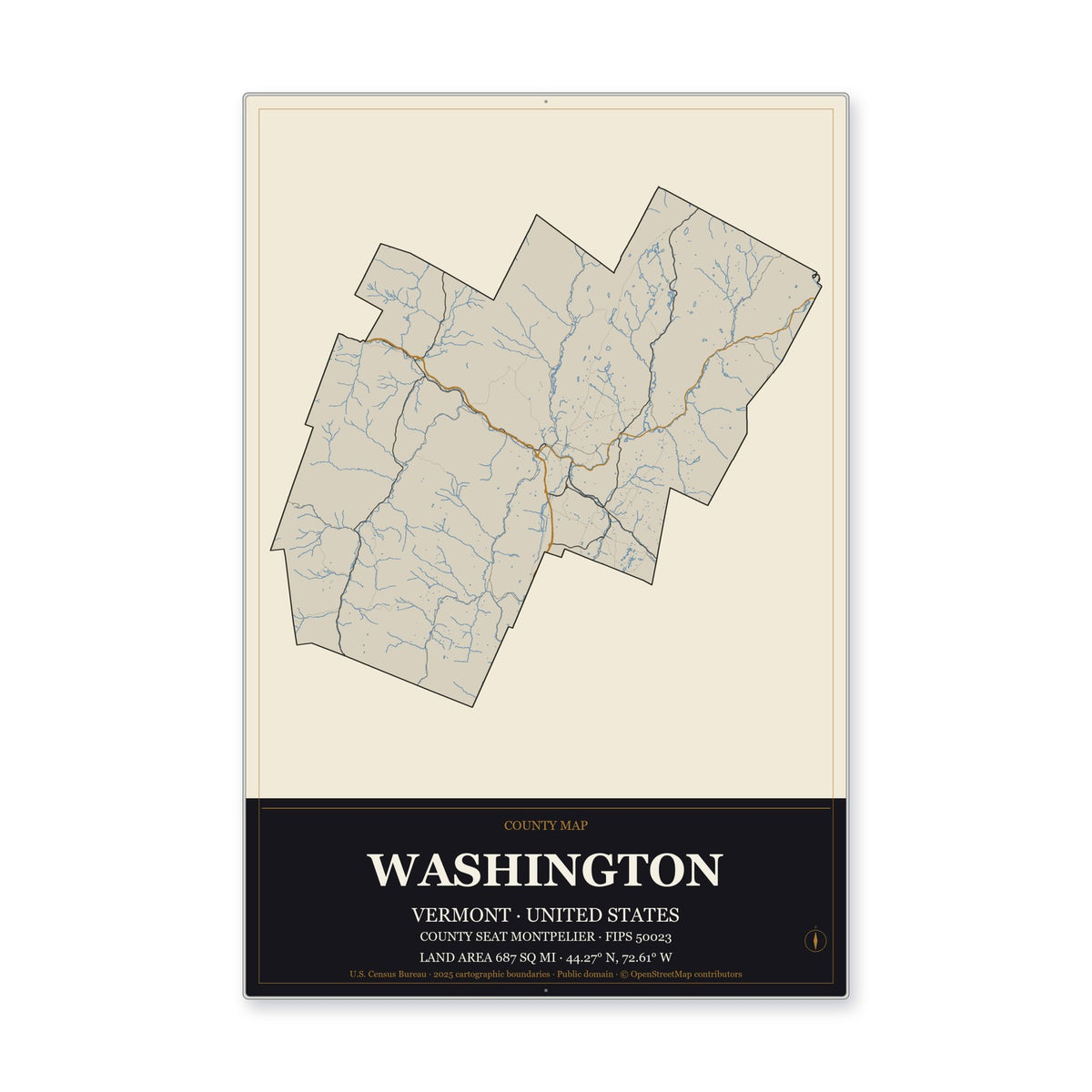 Washington County, Vermont Map Aluminum Sign in Museum Plaque style