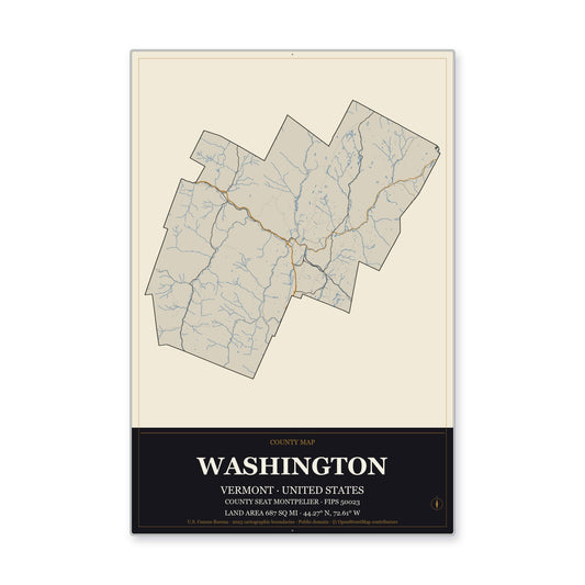 Washington County, Vermont Map Aluminum Sign in Museum Plaque style