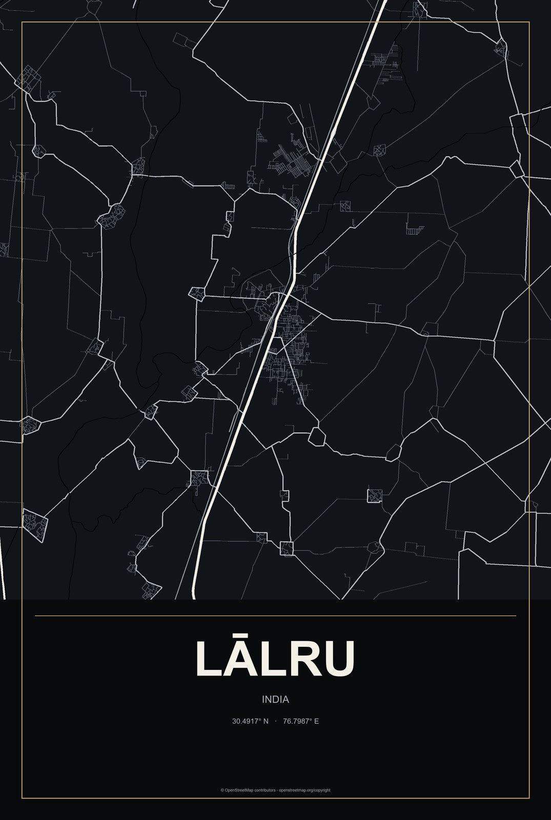 Lālru, India City Map Aluminum Sign in Metropolitan Noir style