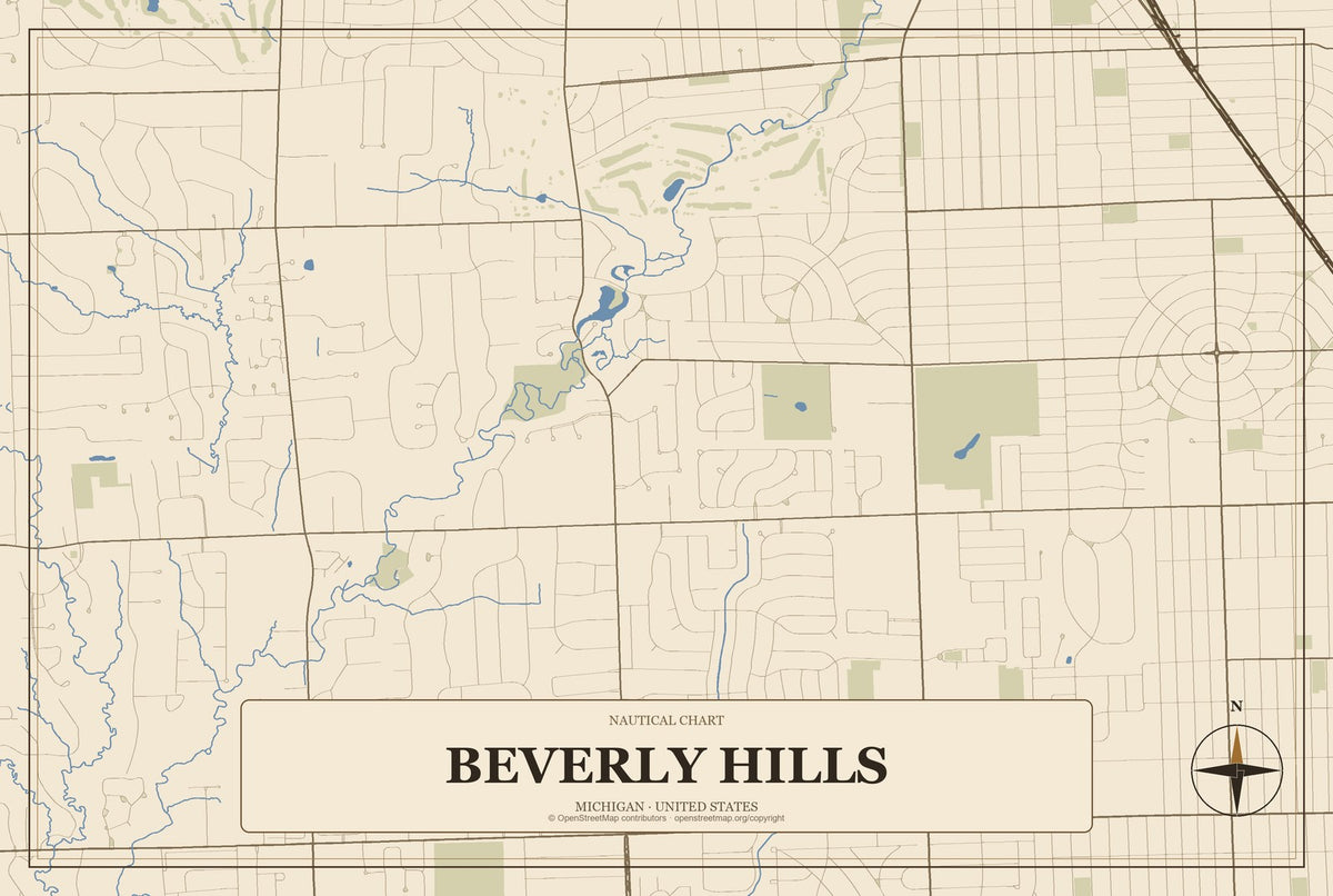 Beverly Hills, Michigan City Map Aluminum Sign in Heritage Nautical style