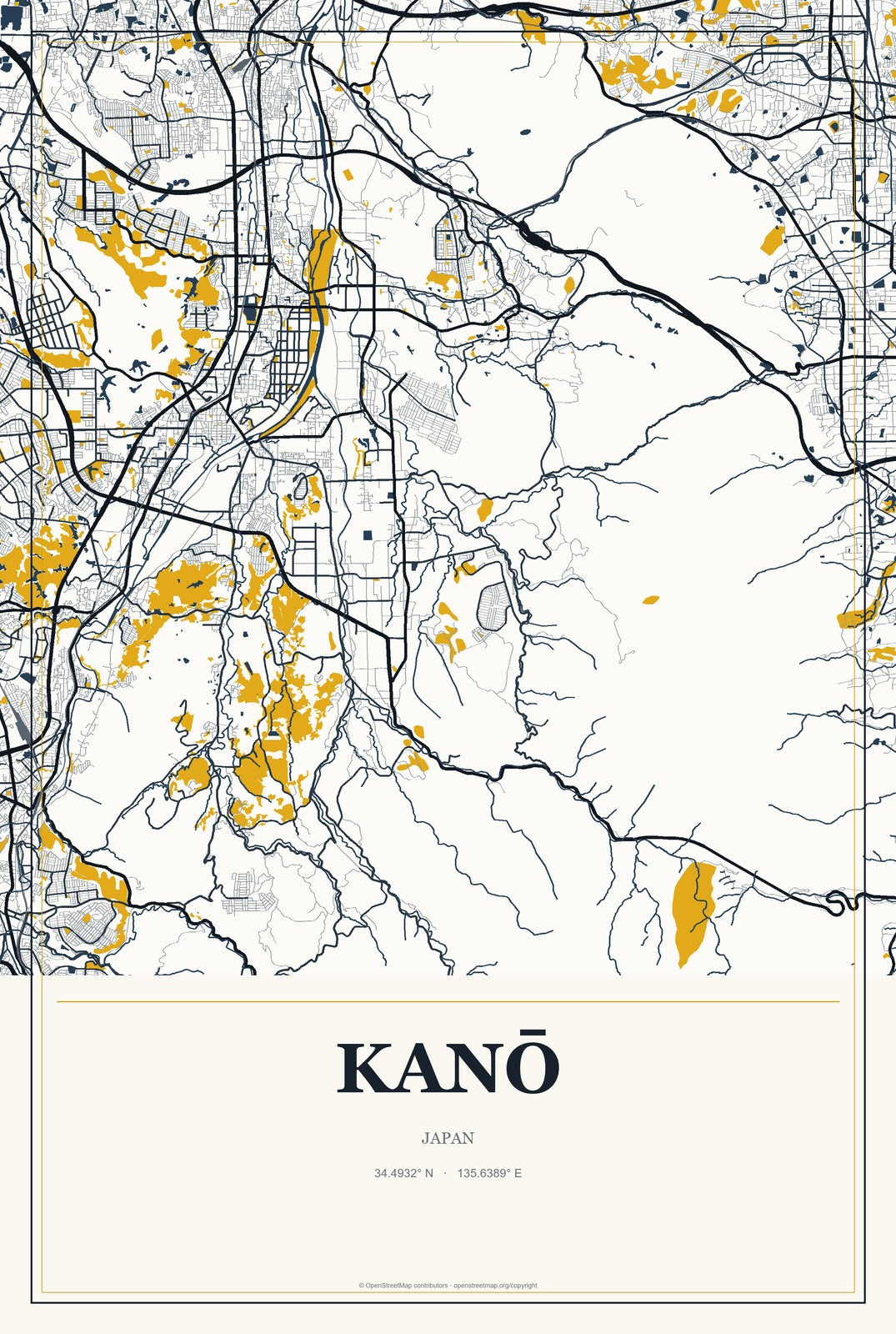 Kanō, Japan City Map Aluminum Sign in Citrine Modern style
