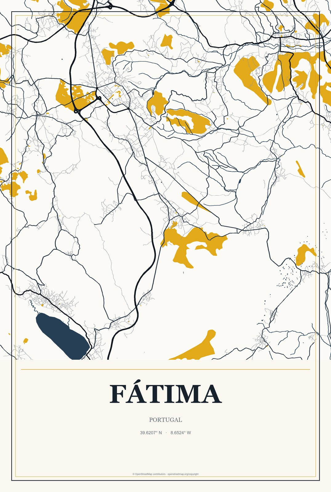 Fátima, Portugal City Map Aluminum Sign in Citrine Modern style