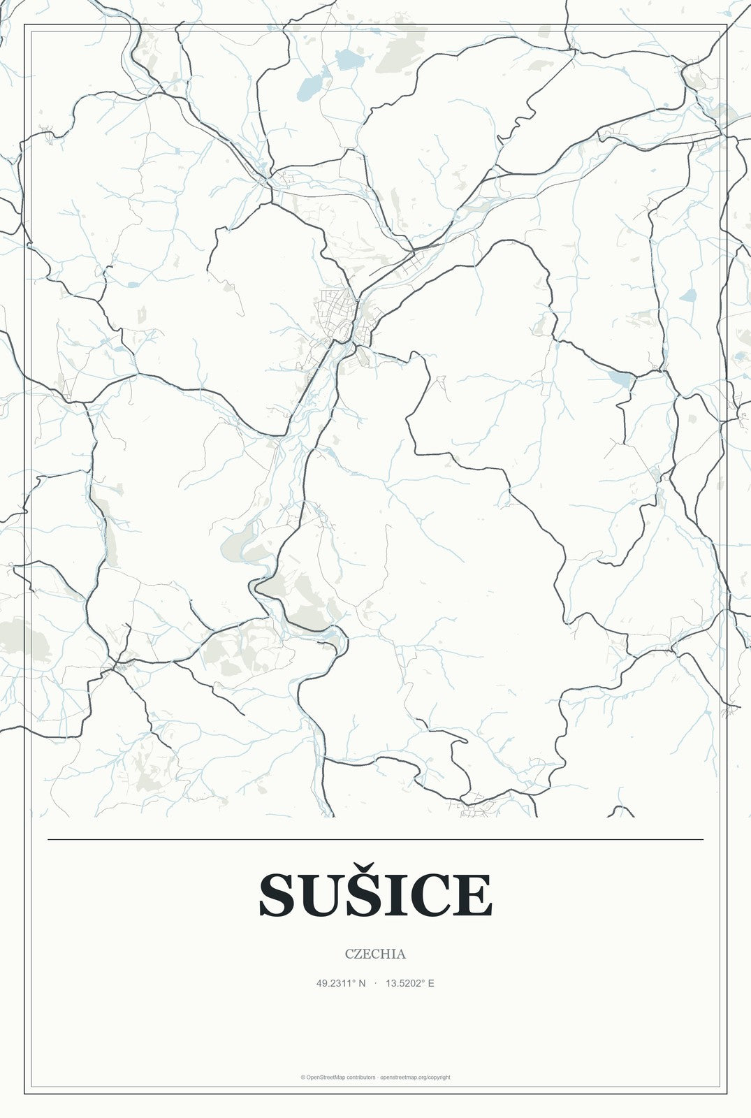 Sušice, Czechia City Map Aluminum Sign in Gallery Air style