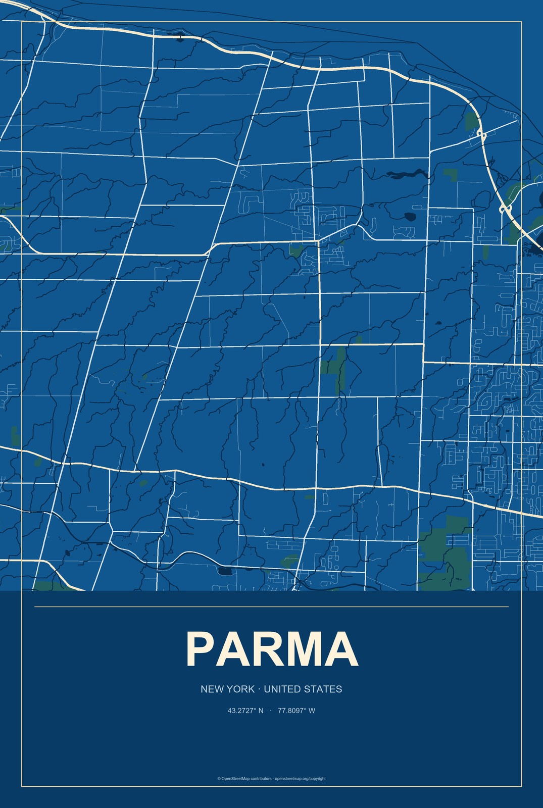 Parma, New York City Map Aluminum Sign in Harbor Cobalt style