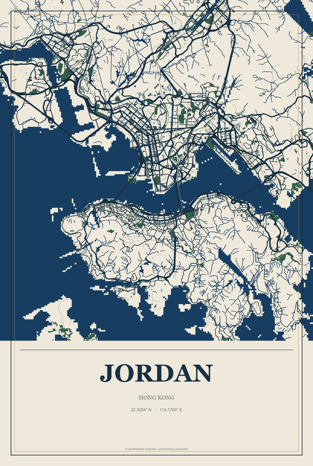 Jordan, Hong Kong City Map Aluminum Sign in Coastal Cutout style