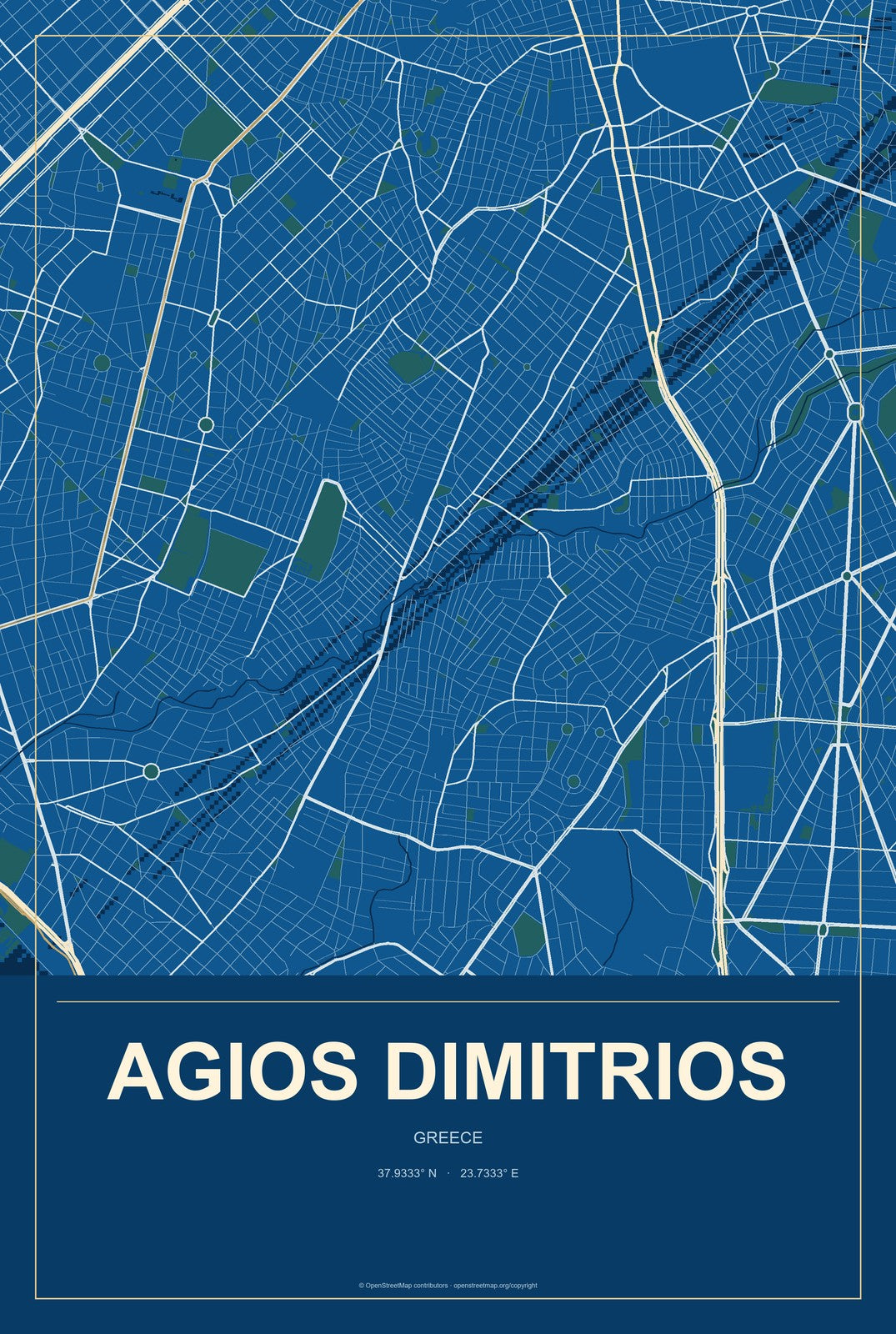 Agios Dimitrios, Greece City Map Aluminum Sign in Harbor Cobalt style