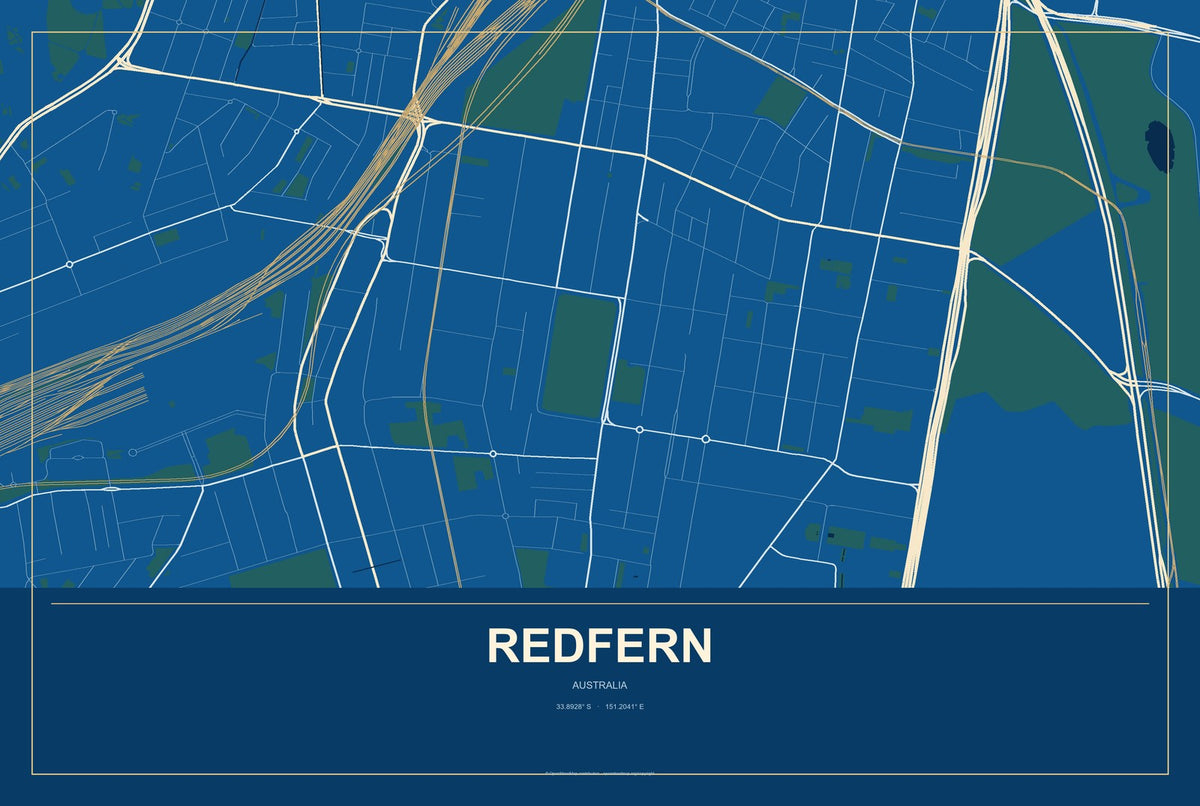 Redfern, Australia City Map Aluminum Sign in Harbor Cobalt style