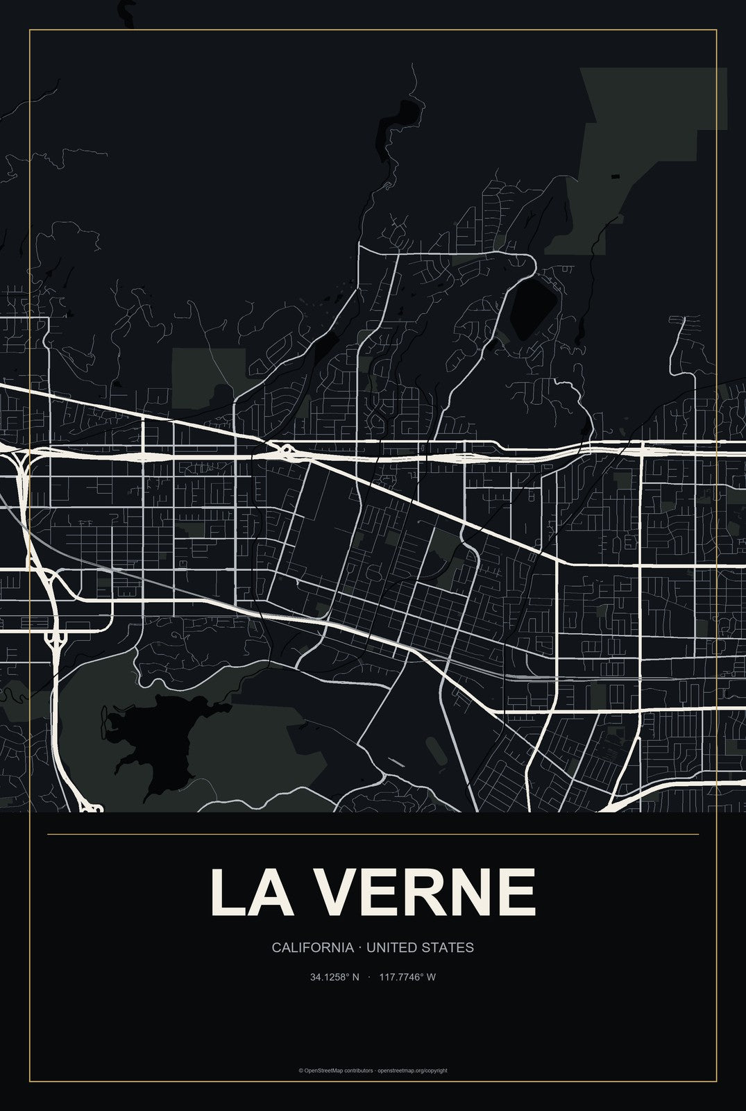 La Verne, California City Map Aluminum Sign in Metropolitan Noir style