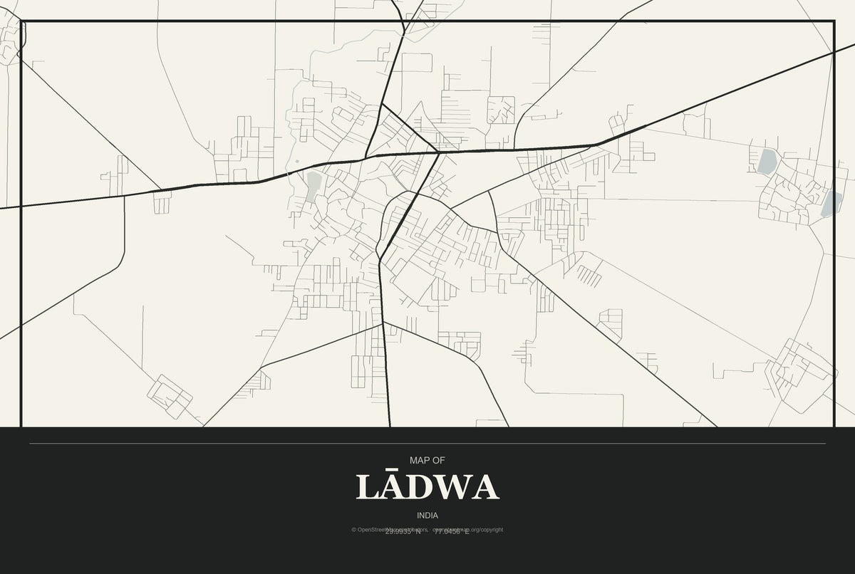Lādwa, India City Map Aluminum Sign in Museum Plaque style