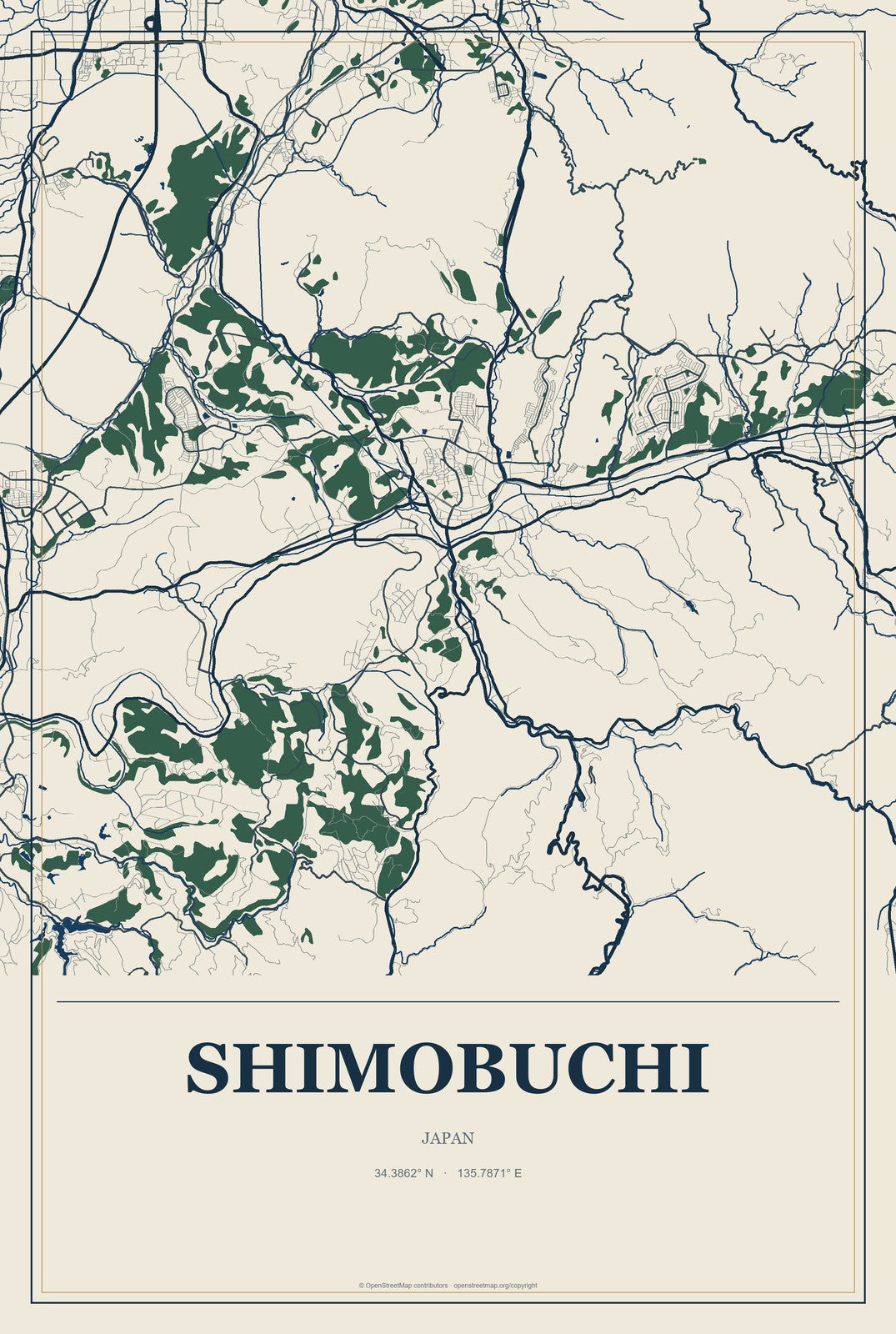 Shimobuchi, Japan City Map Aluminum Sign in Coastal Cutout style