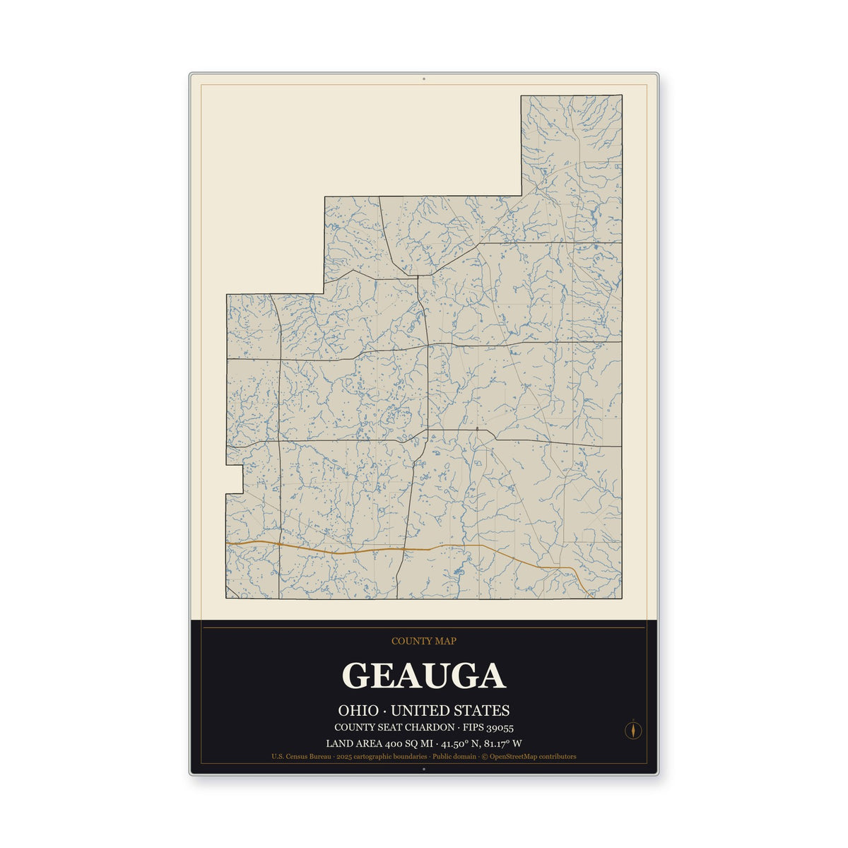 Geauga County, Ohio Map Aluminum Sign in Museum Plaque style