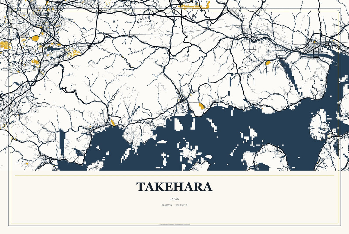 Takehara, Japan City Map Aluminum Sign in Citrine Modern style