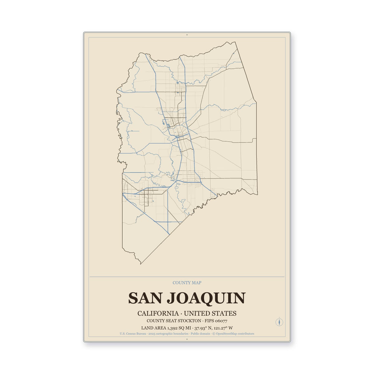 San Joaquin County, California Map Aluminum Sign in Heritage Nautical style