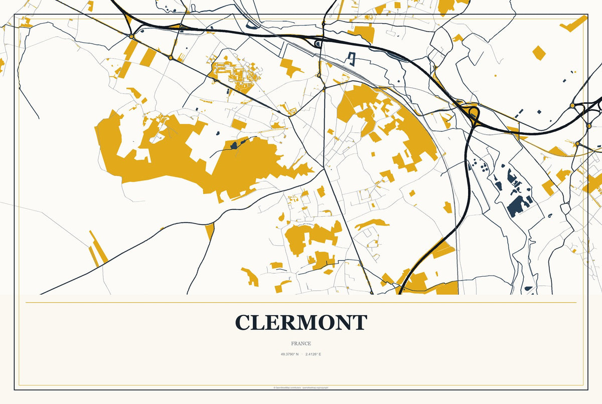 Clermont, France City Map Aluminum Sign in Citrine Modern style