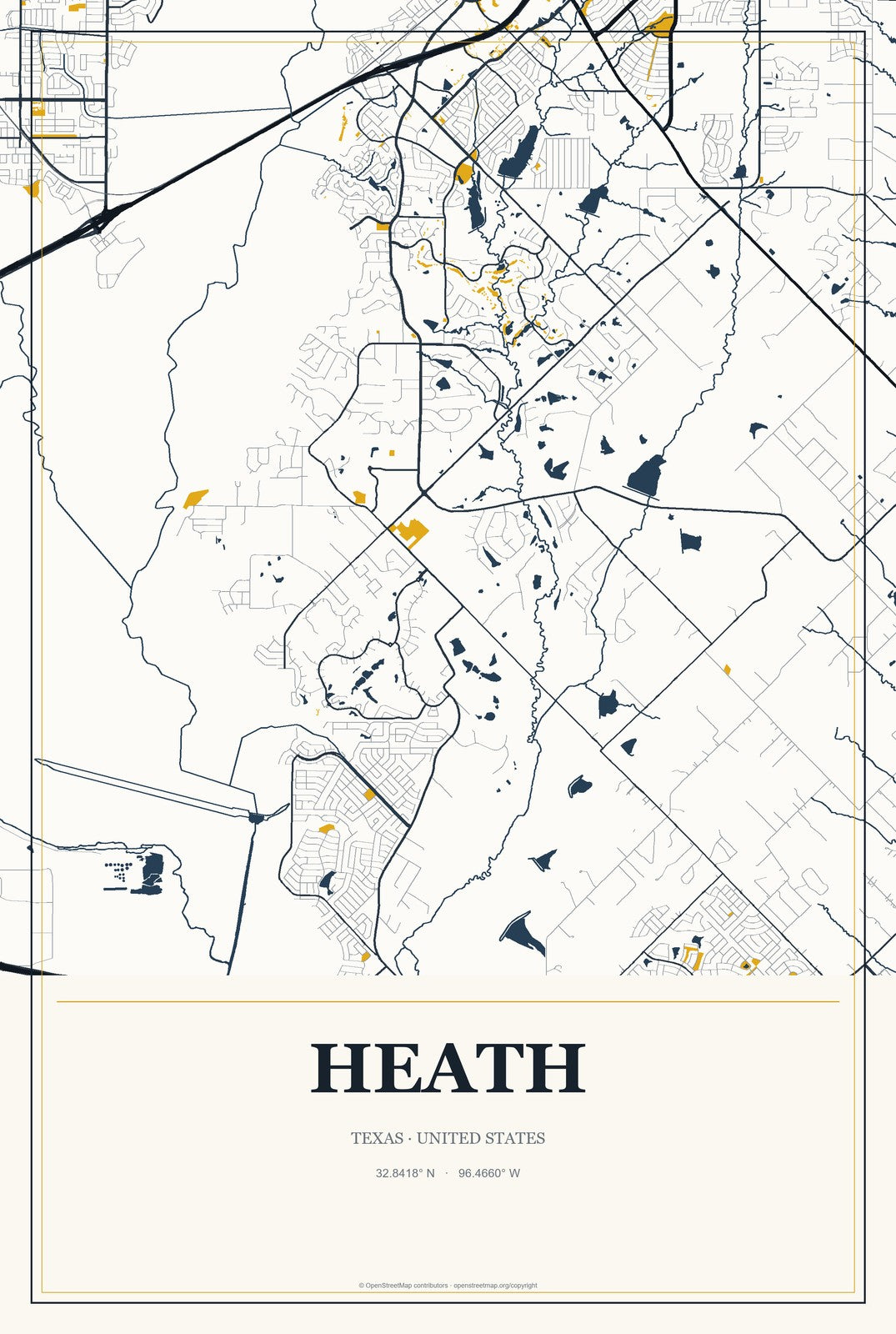Heath, Texas City Map Aluminum Sign in Citrine Modern style