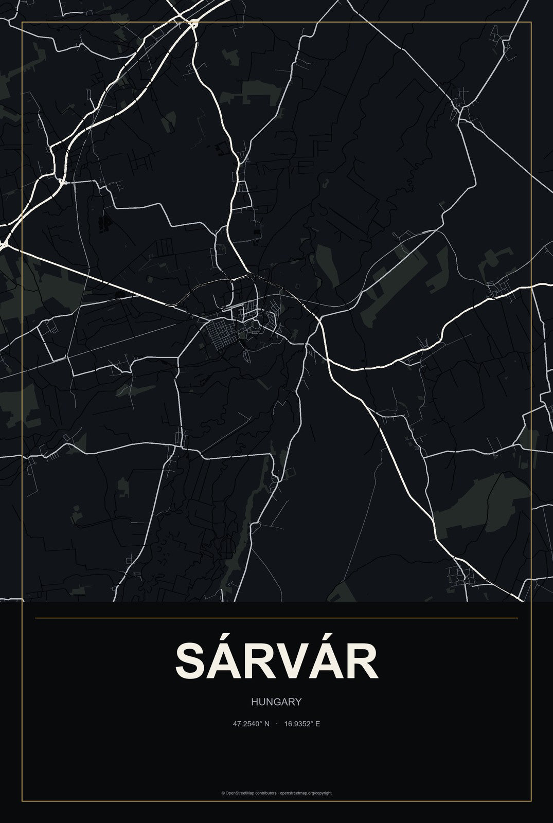 Sárvár, Hungary City Map Aluminum Sign in Metropolitan Noir style