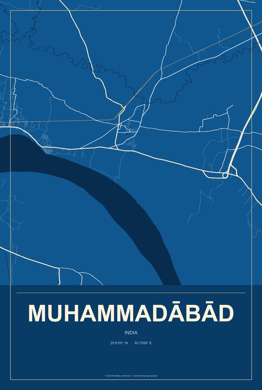 Muhammadābād, India City Map Aluminum Sign in Harbor Cobalt style