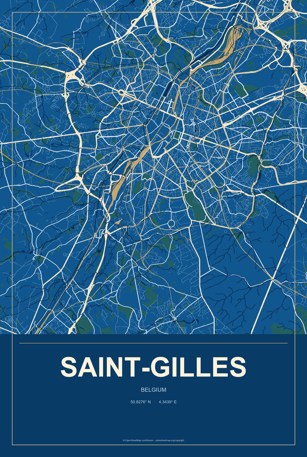 Saint-Gilles, Belgium City Map Aluminum Sign in Harbor Cobalt style